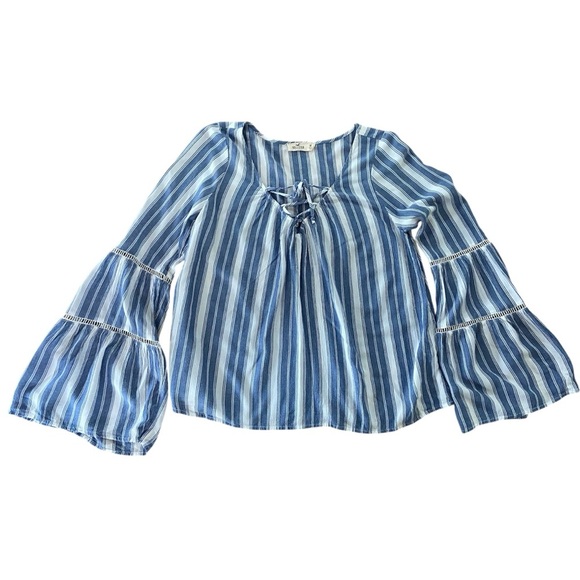 HOLLISTER Blue and White Striped Bell Sleeve Long Sleeve Top Women’s Medium - Picture 2 of 7
